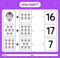 How many counting game with vampire. worksheet for preschool kids, kids activity sheet vector