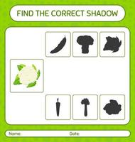 Find the correct shadows game with cauliflower. worksheet for preschool kids, kids activity sheet vector