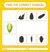 encuentra el juego de sombras correcto con maíz. hoja de trabajo para niños en edad preescolar, hoja de actividades para niños vector