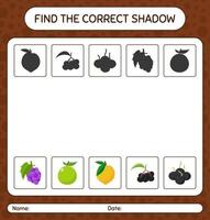 encuentra el juego de sombras correcto con frutas. hoja de trabajo para niños en edad preescolar, hoja de actividades para niños vector