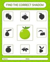 Find the correct shadows game with guava. worksheet for preschool kids, kids activity sheet vector