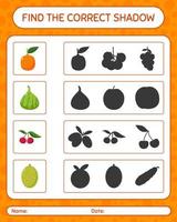 encuentra el juego de sombras correcto con frutas. hoja de trabajo para niños en edad preescolar, hoja de actividades para niños vector