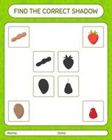 encuentra el juego de sombras correcto con frutas. hoja de trabajo para niños en edad preescolar, hoja de actividades para niños vector