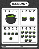 How many counting game with cauldron. worksheet for preschool kids, kids activity sheet vector