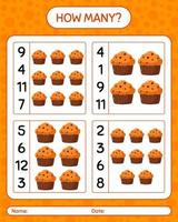 How many counting game with cupcake. worksheet for preschool kids, kids activity sheet vector