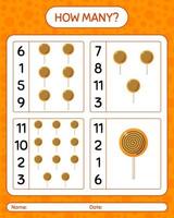 How many counting game with lollipop. worksheet for preschool kids, kids activity sheet vector