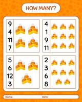 How many counting game with candy corn. worksheet for preschool kids, kids activity sheet vector