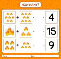 How many counting game with candy corn. worksheet for preschool kids, kids activity sheet vector