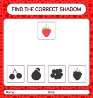 Find the correct shadows game with raspberry. worksheet for preschool kids, kids activity sheet vector