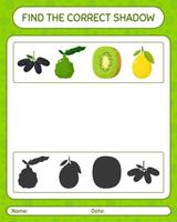 encuentra el juego de sombras correcto con frutas. hoja de trabajo para niños en edad preescolar, hoja de actividades para niños vector