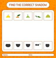 encuentra el juego de sombras correcto con frutas. hoja de trabajo para niños en edad preescolar, hoja de actividades para niños vector