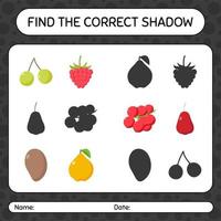 encuentra el juego de sombras correcto con frutas. hoja de trabajo para niños en edad preescolar, hoja de actividades para niños
