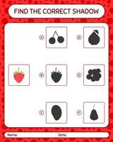 Find the correct shadows game with raspberry. worksheet for preschool kids, kids activity sheet vector