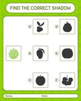 Find the correct shadows game with melon. worksheet for preschool kids, kids activity sheet vector