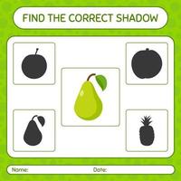 Find the correct shadows game with pear. worksheet for preschool kids, kids activity sheet vector