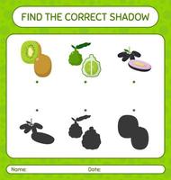 encuentra el juego de sombras correcto con frutas. hoja de trabajo para niños en edad preescolar, hoja de actividades para niños vector