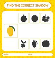 Find the correct shadows game with mango. worksheet for preschool kids, kids activity sheet vector
