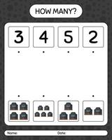 How many counting game with tombstone. worksheet for preschool kids, kids activity sheet vector