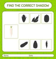 encuentra el juego de sombras correcto con daikon. hoja de trabajo para niños en edad preescolar, hoja de actividades para niños vector