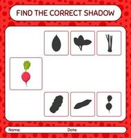 encuentra el juego de sombras correcto con rábano. hoja de trabajo para niños en edad preescolar, hoja de actividades para niños vector