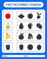 encuentra el juego de sombras correcto con frutas. hoja de trabajo para niños en edad preescolar, hoja de actividades para niños vector