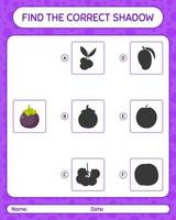 Find the correct shadows game with mangosteen. worksheet for preschool kids, kids activity sheet vector