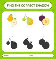 encuentra el juego de sombras correcto con frutas. hoja de trabajo para niños en edad preescolar, hoja de actividades para niños vector