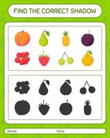 encuentra el juego de sombras correcto con frutas. hoja de trabajo para niños en edad preescolar, hoja de actividades para niños vector