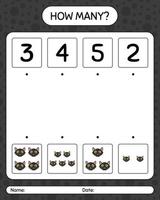 How many counting game with cat. worksheet for preschool kids, kids activity sheet vector
