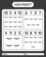 How many counting game with bat. worksheet for preschool kids, kids activity sheet vector