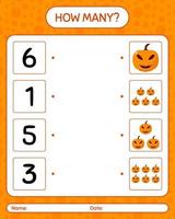 How many counting game with jack o' lantern. worksheet for preschool kids, kids activity sheet vector