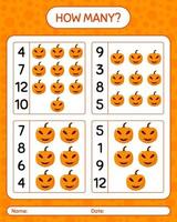 How many counting game with jack o' lantern. worksheet for preschool kids, kids activity sheet vector