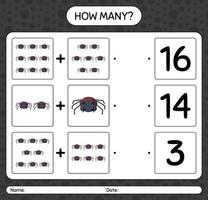 How many counting game with spider. worksheet for preschool kids, kids activity sheet vector