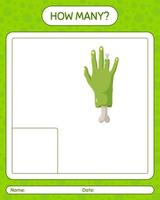 How many counting game with zombie's hand. worksheet for preschool kids, kids activity sheet vector