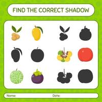 encuentra el juego de sombras correcto con frutas. hoja de trabajo para niños en edad preescolar, hoja de actividades para niños vector