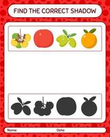 encuentra el juego de sombras correcto con frutas. hoja de trabajo para niños en edad preescolar, hoja de actividades para niños vector