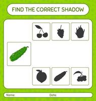 Find the correct shadows game with cucumber. worksheet for preschool kids, kids activity sheet vector