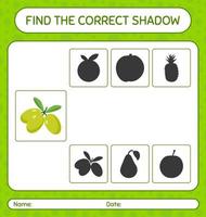 Find the correct shadows game with olive. worksheet for preschool kids, kids activity sheet vector