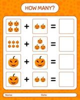 How many counting game with jack o' lantern. worksheet for preschool kids, kids activity sheet vector