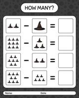 How many counting game with witch's hat. worksheet for preschool kids, kids activity sheet vector