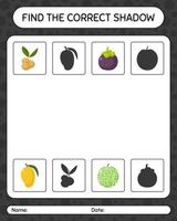 encuentra el juego de sombras correcto con frutas. hoja de trabajo para niños en edad preescolar, hoja de actividades para niños vector