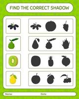 encuentra el juego de sombras correcto con frutas. hoja de trabajo para niños en edad preescolar, hoja de actividades para niños vector