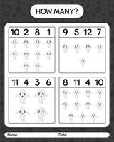 How many counting game with ghost. worksheet for preschool kids, kids activity sheet vector
