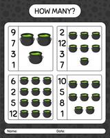 How many counting game with cauldron. worksheet for preschool kids, kids activity sheet vector