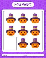 How many counting game with jack o' lantern. worksheet for preschool kids, kids activity sheet vector