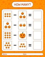 How many counting game with jack o' lantern. worksheet for preschool kids, kids activity sheet vector