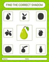 Find the correct shadows game with pear. worksheet for preschool kids, kids activity sheet vector