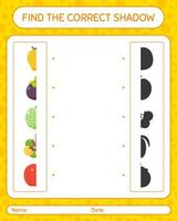 encuentra el juego de sombras correcto con frutas. hoja de trabajo para niños en edad preescolar, hoja de actividades para niños vector