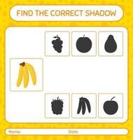 Find the correct shadows game with banana. worksheet for preschool kids, kids activity sheet vector