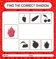 Find the correct shadows game with dragonfruit. worksheet for preschool kids, kids activity sheet vector